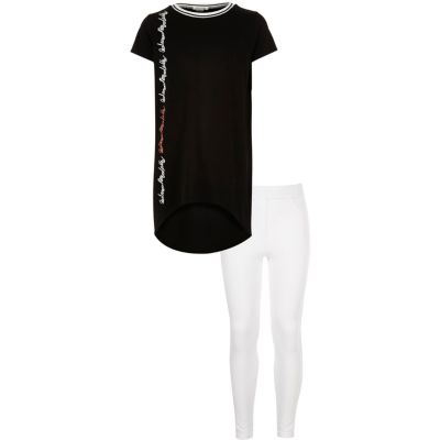 Girls black longline top and leggings outfit
